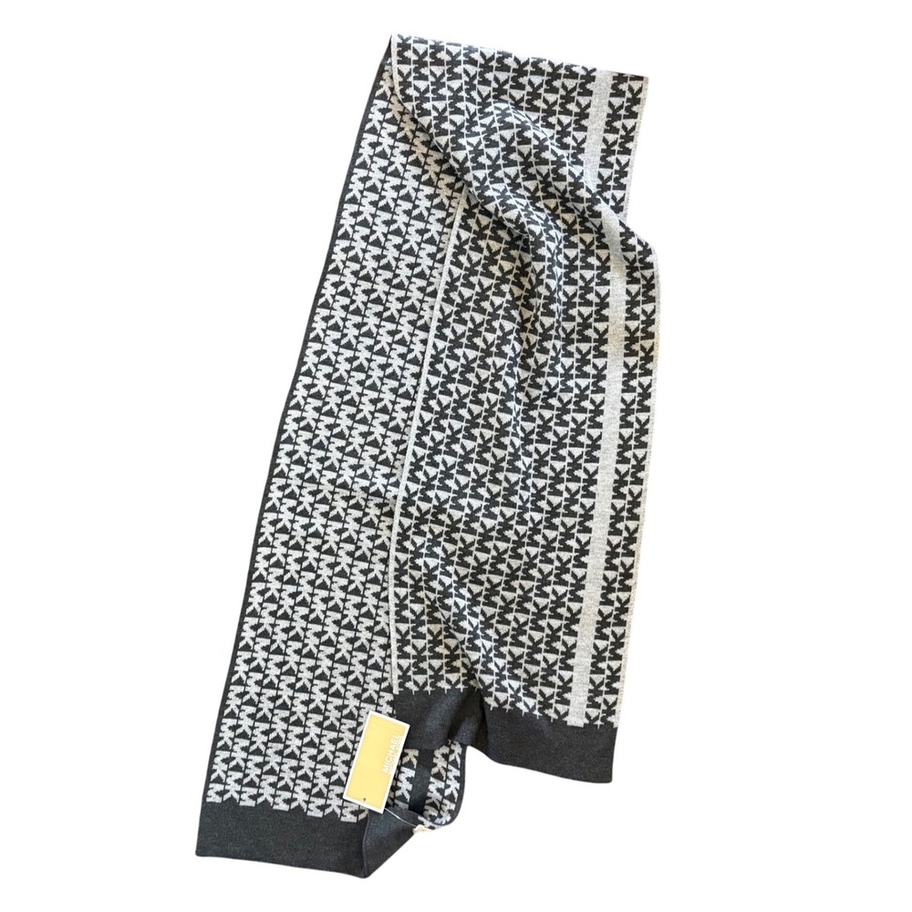NWT Michael Kors Reversible Monogram Gray Black Knit Scarf 10x64"‎